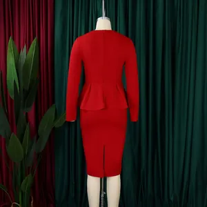 Back view of elegant red long sleeve peplum midi dress for professional office wear