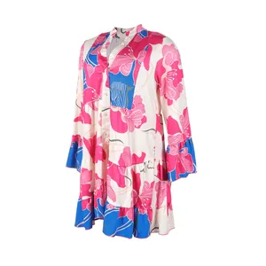 Detailed view of the elegant loose floral print V-neck colorblock mini dress with ruffles