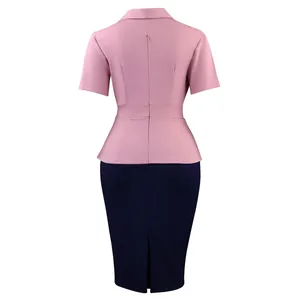 Back view of an elegant pink and navy blue peplum dress with a short slit at the skirt
