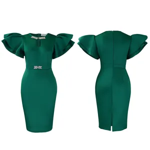 Detailed front and back views of a dark green ruffle sleeve dress with rhinestones