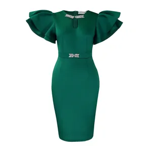 Elegant dark green cocktail party dress featuring ruffled sleeves and rhinestone detail