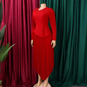 Elegant red long-sleeved dress featuring an asymmetrical collar and pleated midi skirt