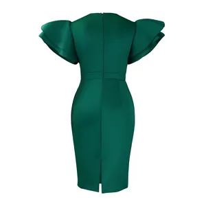 Back view of a dark green bodycon party dress with ruffle sleeves and split hem
