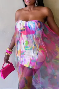 Robe courte sexy sans bretelles en maille transparente colorée pour femmes soirée chic