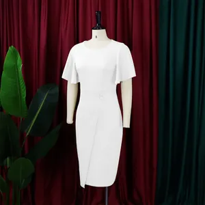Elegant white high-waist midi dress with flutter sleeves for professional office wear