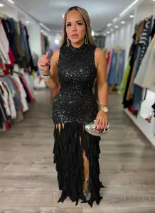 Elegant black sequin sleeveless evening dress with tiered mesh patchwork design