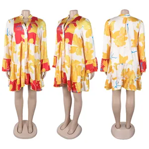 Three-view detail shot of a loose floral print V-neck short dress with ruffled hem