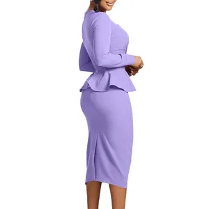 Side view detail of a lavender plus size long-sleeve peplum dress with pencil skirt