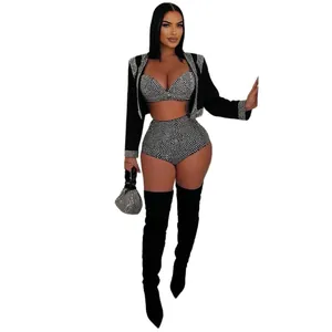 Sexy three-piece rhinestone set with cropped jacket bra and high-waisted shorts