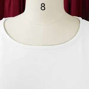 Close-up of a white dress's round neckline showing high-quality fabric texture.