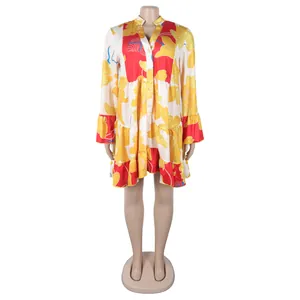Elegant loose floral print V-neck dress with tiered ruffled hem and bell sleeves