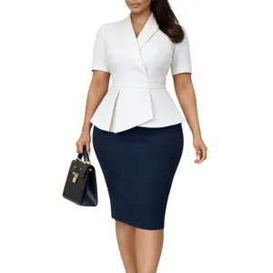 Elegant white and navy blue peplum dress with wrap V-neck and short sleeves