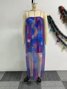 Vue détaillée d'une robe moulante sexy en tulle transparent à imprimé abstrait coloré