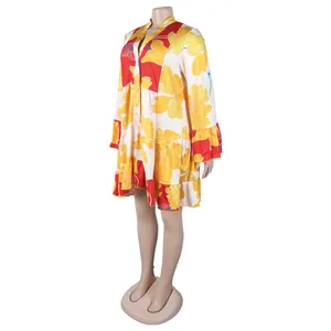 Detailed view of a loose floral print V-neck mini dress displayed on a mannequin