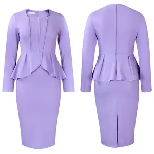 Elegant long-sleeved purple peplum midi dress shown from front and back views professionally