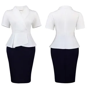 Detailed front and back view of elegant white and navy blue short-sleeve peplum dress