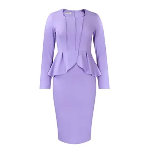 Detail showing the lavender long sleeve peplum dress with an elegant waist design