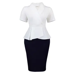 Elegant white and black color block peplum pencil dress with shawl collar.
