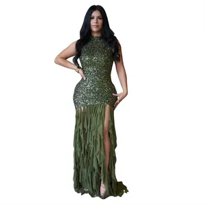 Elegant olive green dress with a sequined bodice and tiered mesh ruffled maxi skirt.