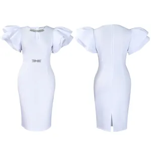 Detailed front and back view of white bodycon dress with ruffle sleeves and rhinestones
