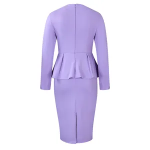 Elegant lavender long-sleeve peplum dress featuring a back zipper and slit detail.