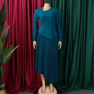 Elegant teal long-sleeved midi dress featuring asymmetric neckline and pleated skirt