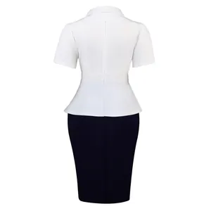 Back view showing peplum detail and invisible zipper of color-block pencil dress
