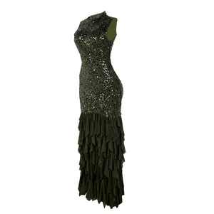 Elegant dark green sequined mesh patchwork slim evening dress with ruffled maxi skirt