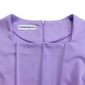 Detailed close-up showing the square neckline and brand label on a purple elegant OL dress