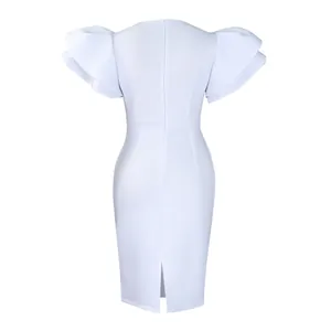 Detailed back view of white bodycon party dress with elegant tiered ruffle sleeves.