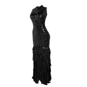 Elegant sleeveless black bodycon dress featuring sparkling sequins and mesh tiered ruffles