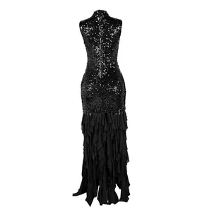 Detailed back view of an elegant black evening dress featuring shimmering sequins and ruffled mesh