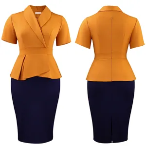 Detailed view of yellow and navy peplum pencil dress showing front and back design