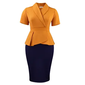 Elegant orange and navy blue patchwork peplum pencil dress with shawl collar detail