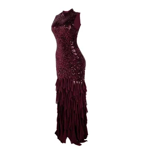 Elegant burgundy sequin dress featuring layered mesh ruffled skirt and slim fit design.
