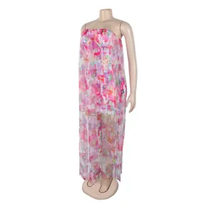 Vue détaillée d'une robe longue en mesh transparent avec imprimé floral abstrait coloré