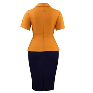 Rear view of elegant plus size color block short sleeve bodycon African dress