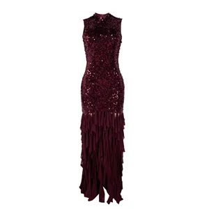 Detailed view of burgundy sequined sleeveless dress with layered ruffled chiffon hem.