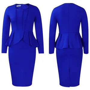 Elegant royal blue peplum midi dress with long sleeves and pleated waist detail