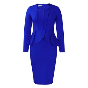 Elegant royal blue long-sleeved midi dress with peplum waist and ruffle detail