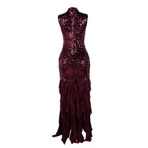 Back view of elegant burgundy sequin dress with ruffled mesh tiered hem detail