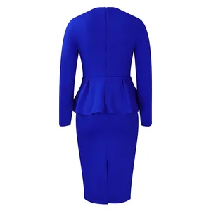 Detailed back view of an elegant royal blue long sleeve peplum midi dress with slit