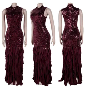 Burgundy sequin sleeveless evening dress with ruffled mesh tail shown in three angles