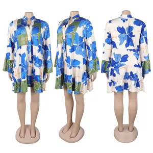 Comprehensive views of the floral print V-neck tunic dress from front side and back