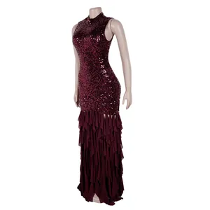 Full view of an elegant burgundy sequin evening dress with a ruffled mesh hem on a mannequin