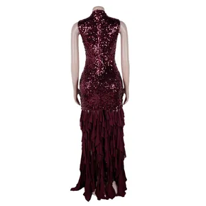 Rear view of elegant burgundy sequin evening dress with ruffled mesh hem on mannequin