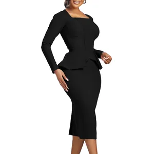 Elegant black long-sleeve peplum dress for women with OL style and square neck