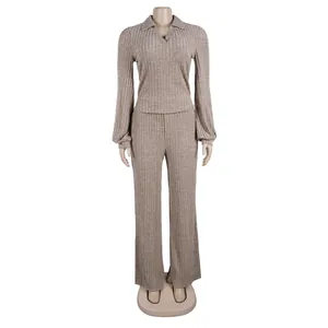 Front detail view of tan ribbed knit loungewear set with lantern sleeves and lapel collar