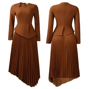 Elegant brown pleated midi dress with asymmetrical neckline and peplum waist details.