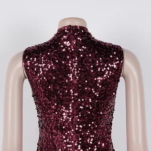 Close-up back detail of an elegant burgundy sequined sleeveless dress with zipper closure